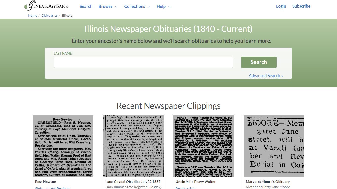 Illinois Obituary Archive Search | GenealogyBank